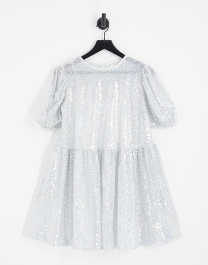 Collective the Label Petite exclusive puff sleeve sequin mini dress in silver