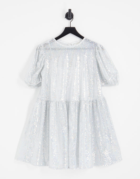 Collective the Label Petite exclusive puff sleeve sequin mini dress in silver