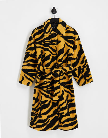 Pieces Petite exclusive longline teddy coat in yellow animal