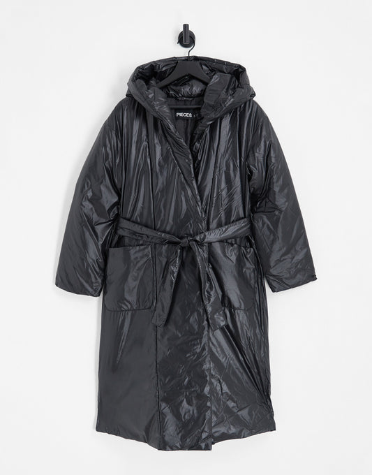 Pieces shiny padded longline coat with hood in black