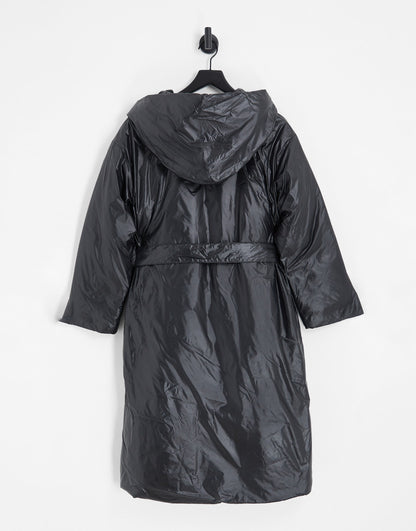 Pieces shiny padded longline coat with hood in black