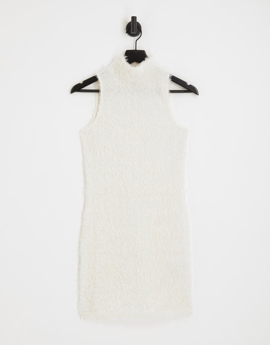 Pieces exclusive fluffy sleeveless roll neck mini dress in white