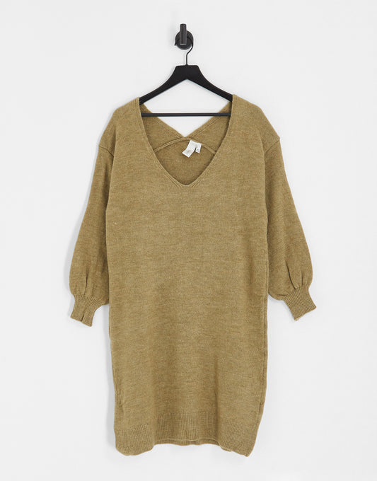 Y.A.S. Emmy deep v-neck knitted dress in taupe