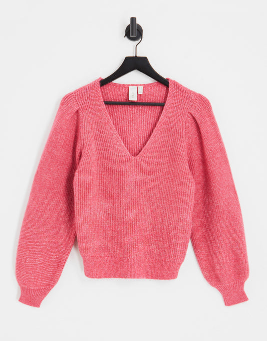 Y.A.S. Isma volume sleeve ribbed jumper in bright pink