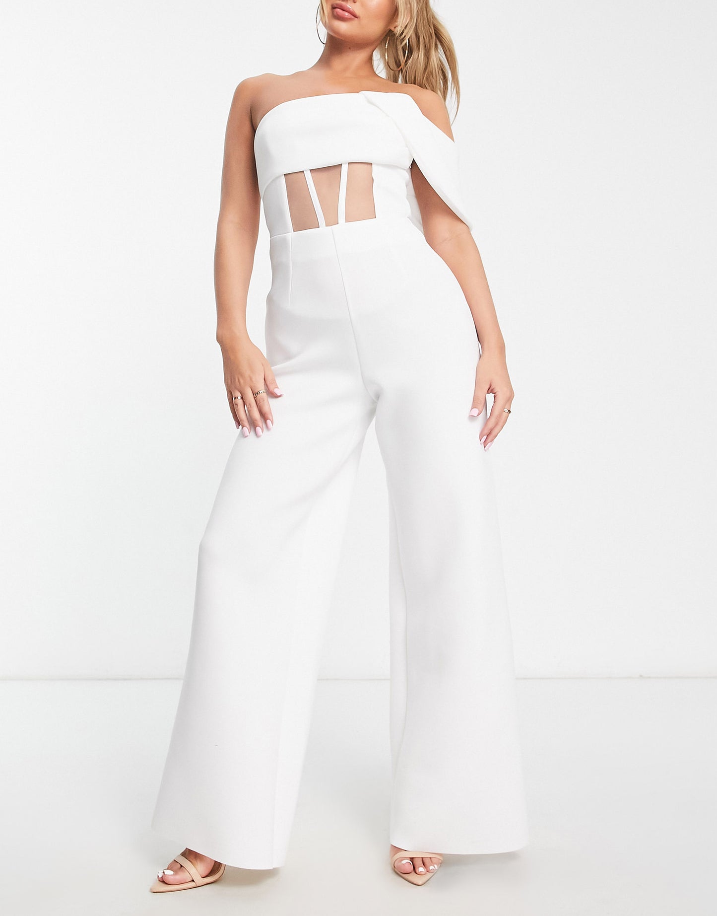 ASOS DESIGN scuba one shoulder corset detail jumpsuit in white