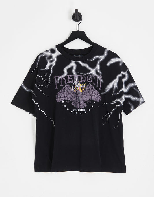 ASOS DESIGN graphic oversized rock tee with lightening in washed black