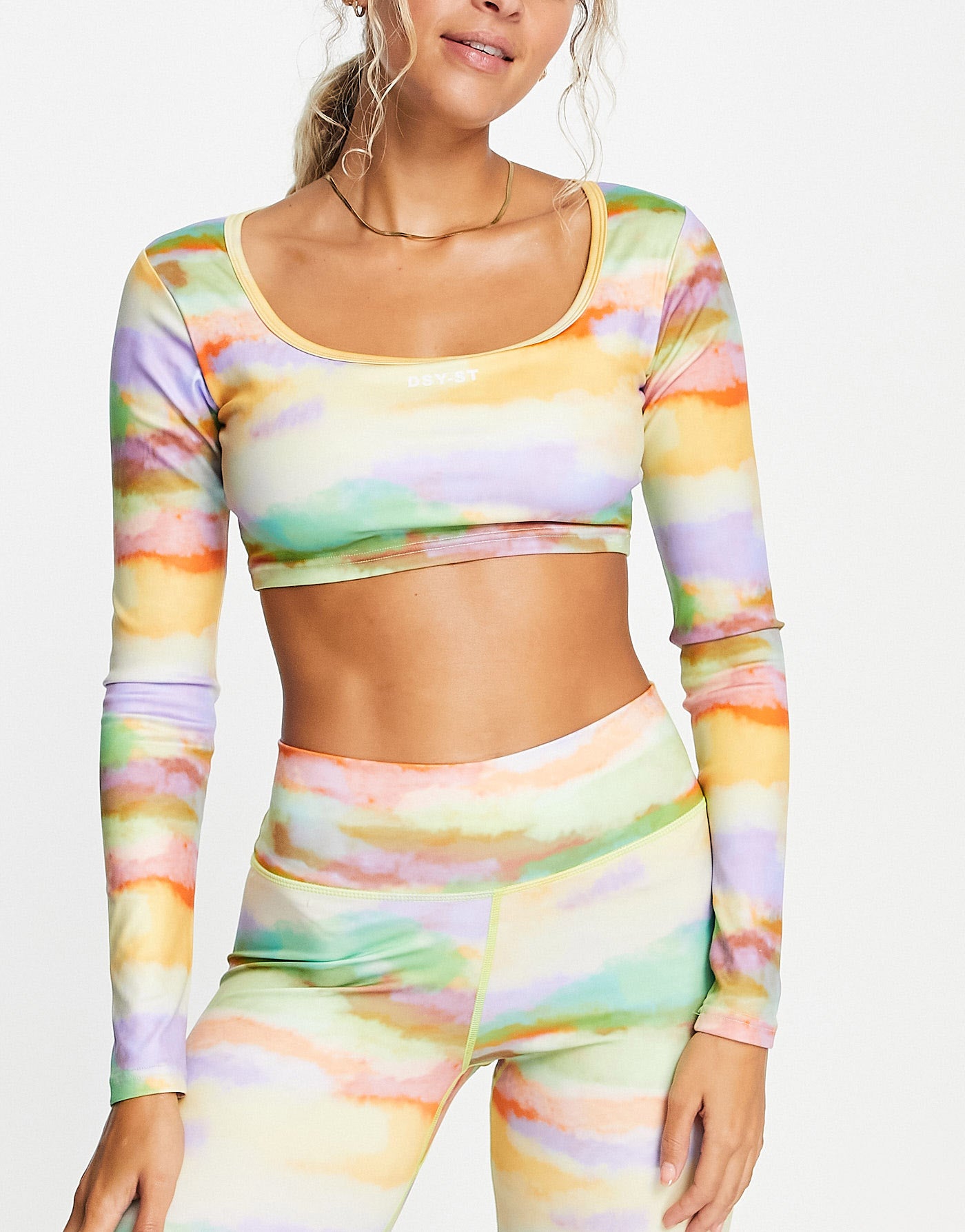 Daisy Street Active Landscape long sleeve top with square neck in multi