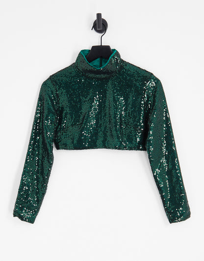 Collective the Label Petite exclusive high neck sequin top co-ord in emerald