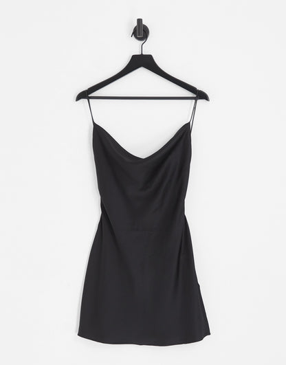 ASYOU cowl neck mini satin dress in black