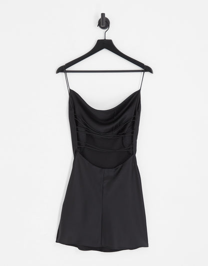 ASYOU cowl neck mini satin dress in black