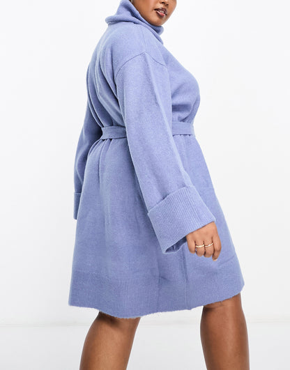 Vila Curve roll neck mini jumper dress with tie waist in blue