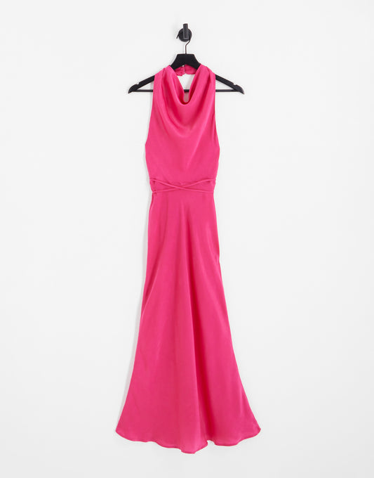 ASOS DESIGN Tall cowl neck halter midi with tie wrap waist in bright pink