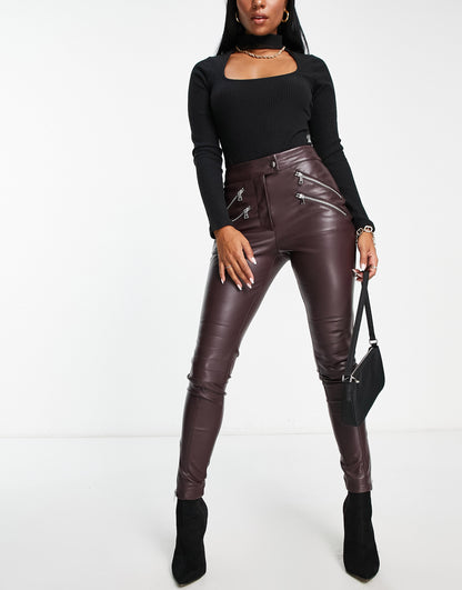 ASOS DESIGN Hourglass faux leather skinny biker with zips in brown