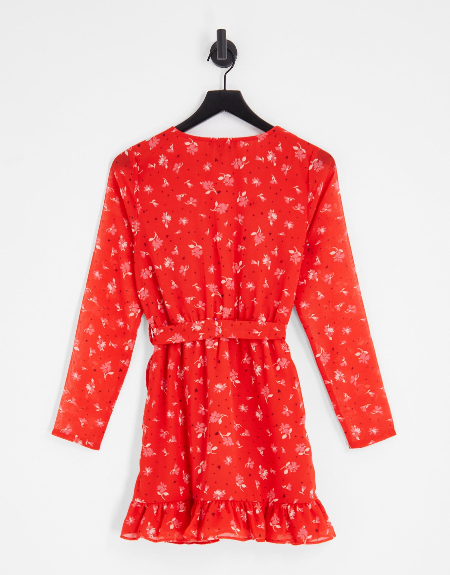 Wednesday's Girl mesh sleeve wrap mini dress in red floral print