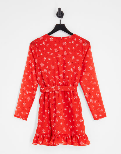 Wednesday's Girl mesh sleeve wrap mini dress in red floral print