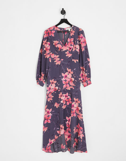 Liquorish satin maxi dress with split in pink and dark grey floral