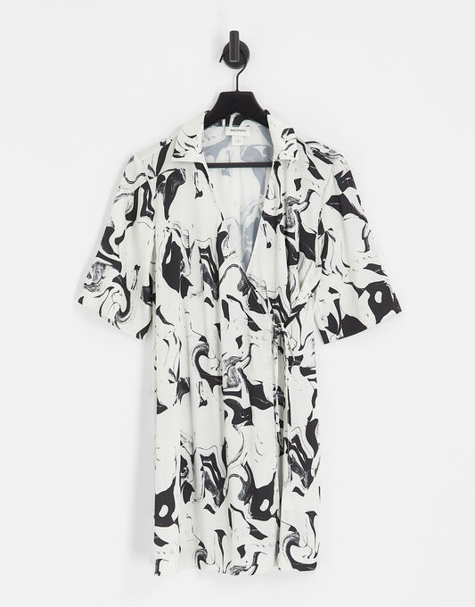 Monki satin mini wrap dress in white and black marble print