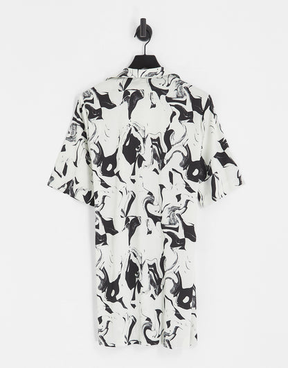 Monki satin mini wrap dress in white and black marble print