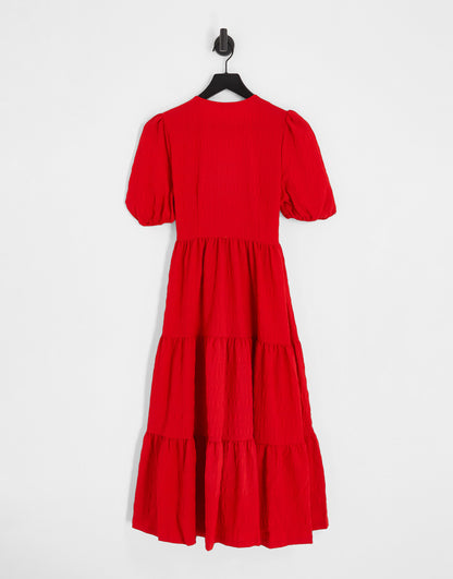 Monki tiered midaxi dress with wrap front detail in bright red