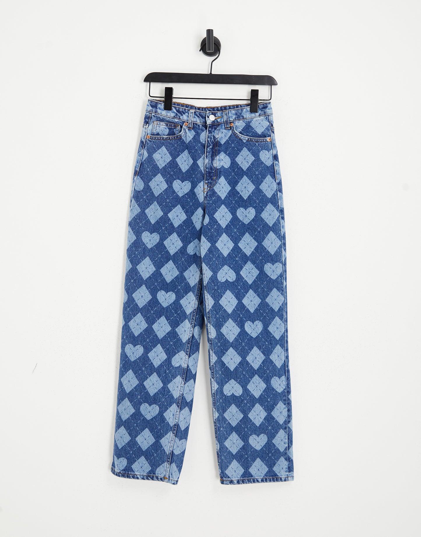 Monki cotton straight leg cropped jeans in blue argyle heart