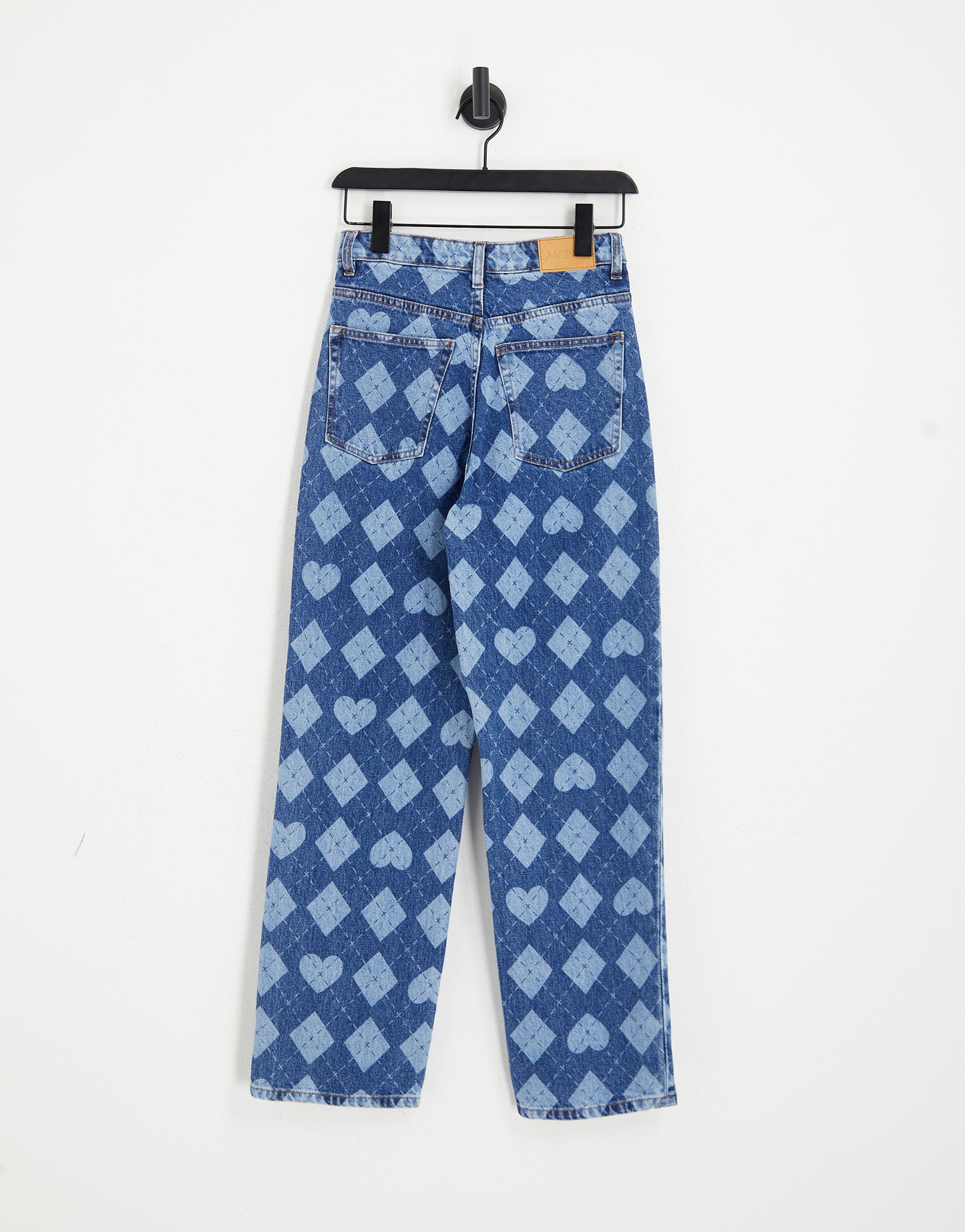 Monki cotton straight leg cropped jeans in blue argyle heart