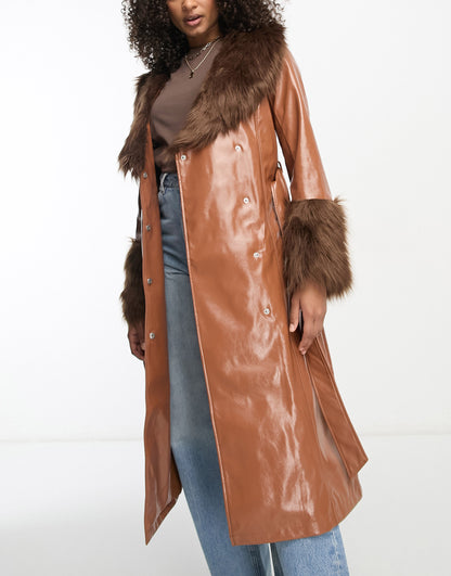 Violet Romance Tall vinyl coat with faux fur trims in brown