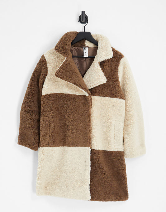 Violet Romance Petite oversized borg coat in colourblock