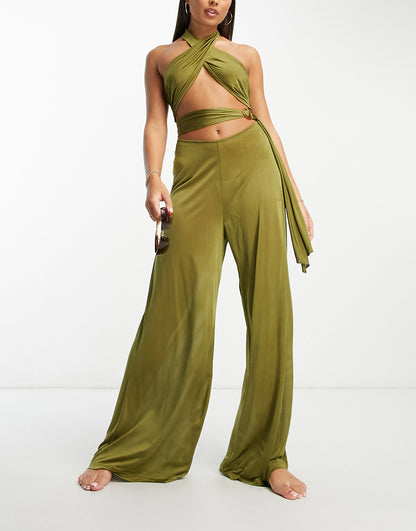 ASOS DESIGN slinky cross-neck wide leg beach jumpsuit in olive