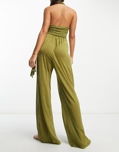 ASOS DESIGN slinky cross-neck wide leg beach jumpsuit in olive