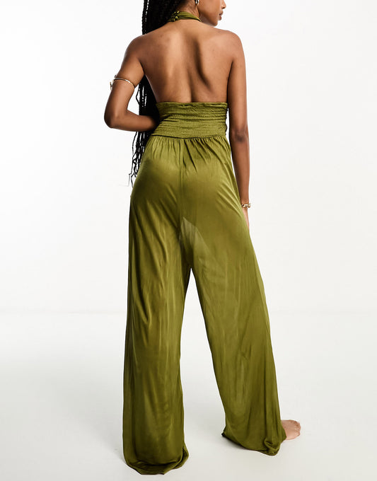 ASOS DESIGN Tall slinky cross-neck wide leg beach jumpsuit in olive