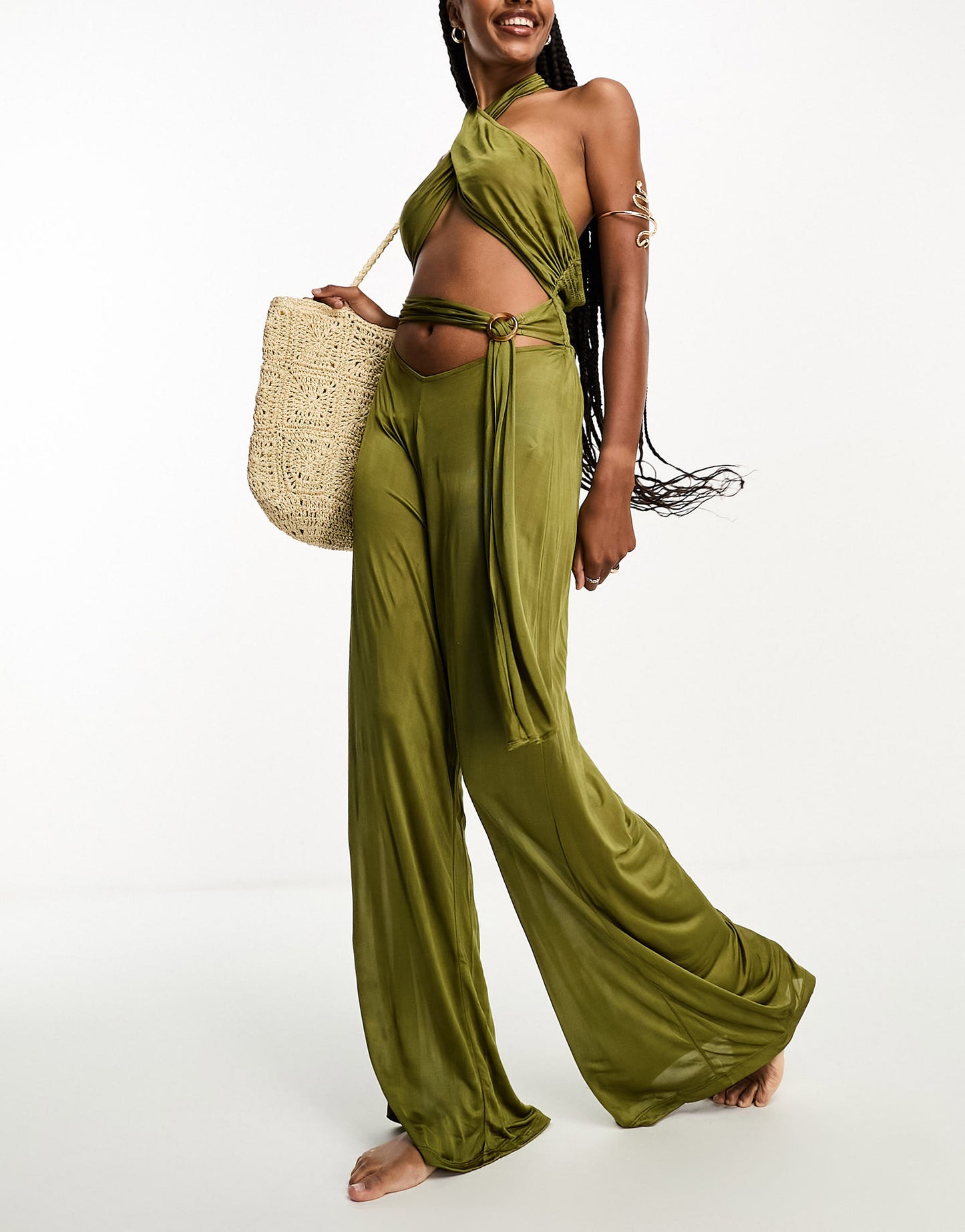 ASOS DESIGN Tall slinky cross-neck wide leg beach jumpsuit in olive