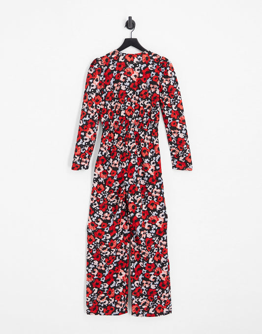 Monki jumpsuit with long sleeves in red all over print