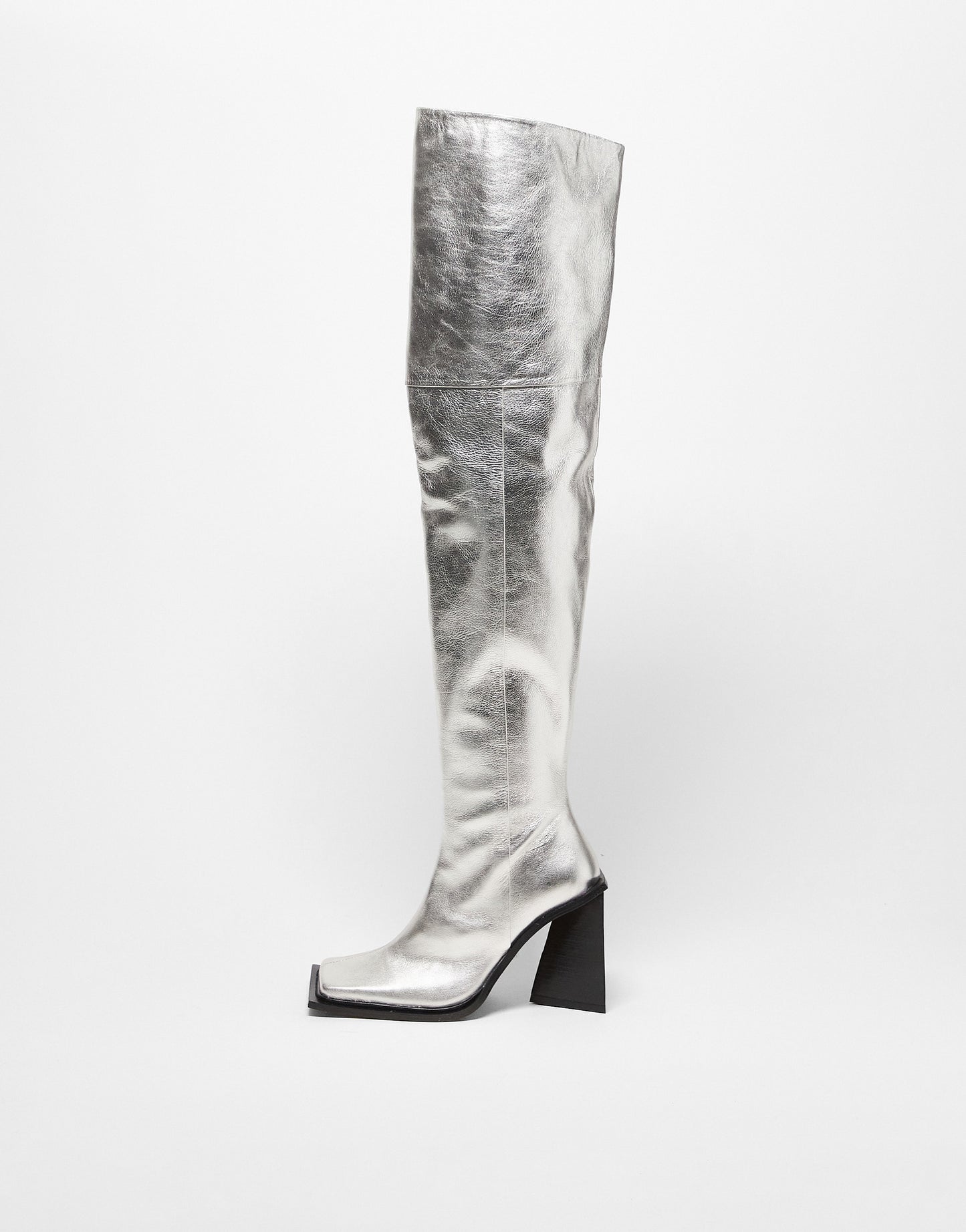 TOPSHOP LIMITED EDITION Freya premium leather thigh high square toe boot in silver