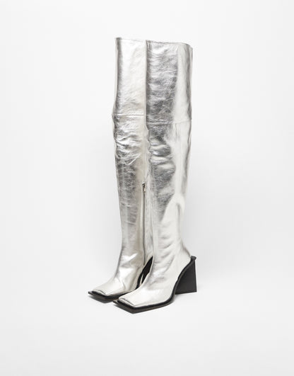 TOPSHOP LIMITED EDITION Freya premium leather thigh high square toe boot in silver