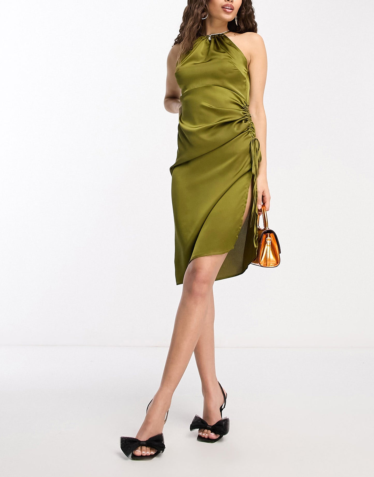 QED London Petite halter neck satin slip midi dress with ruched detail in chartreuse