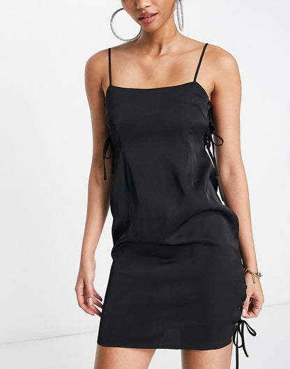 Lola May Tall satin cami mini dress with lace up sides in black