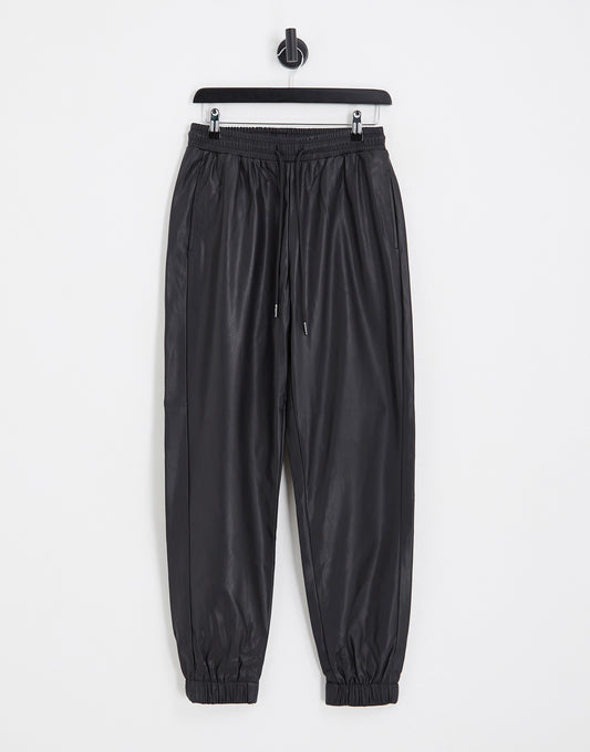 Vero Moda leather look tie waist joggers in black