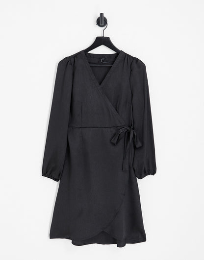 Vero Moda satin wrap knee length dress in black