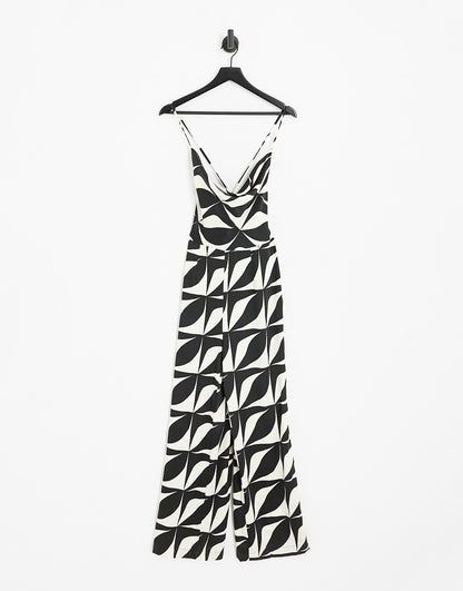 Vero Moda Petite satin jumpsuit with cross back in mono print