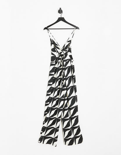 Vero Moda Petite satin jumpsuit with cross back in mono print