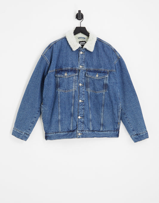 Dr Denim Eno borg trim denim jacket in blue