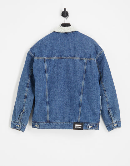 Dr Denim Eno borg trim denim jacket in blue