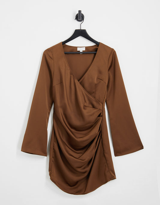 Pretty Lavish ruched wrap mini dress in brown