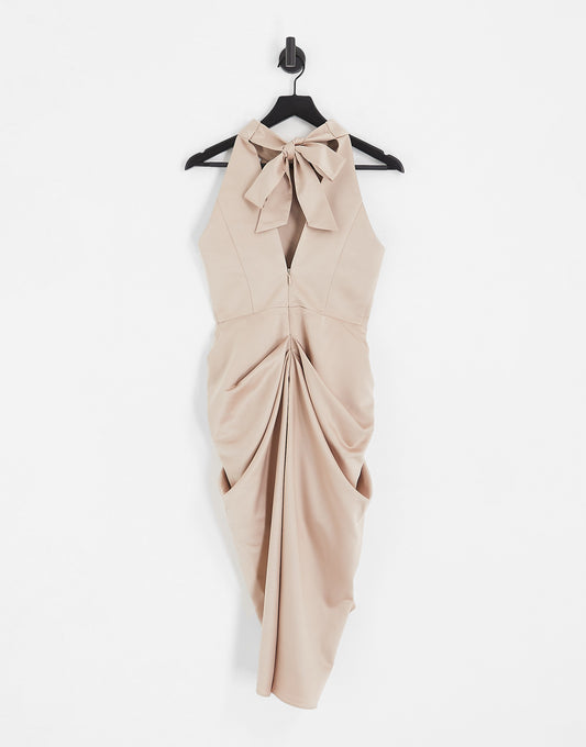 Lavish Alice satin halterneck drape detail midi dress in champagne