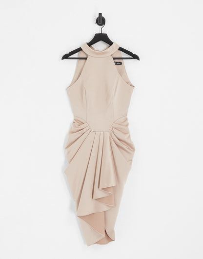 Lavish Alice satin halterneck drape detail midi dress in champagne