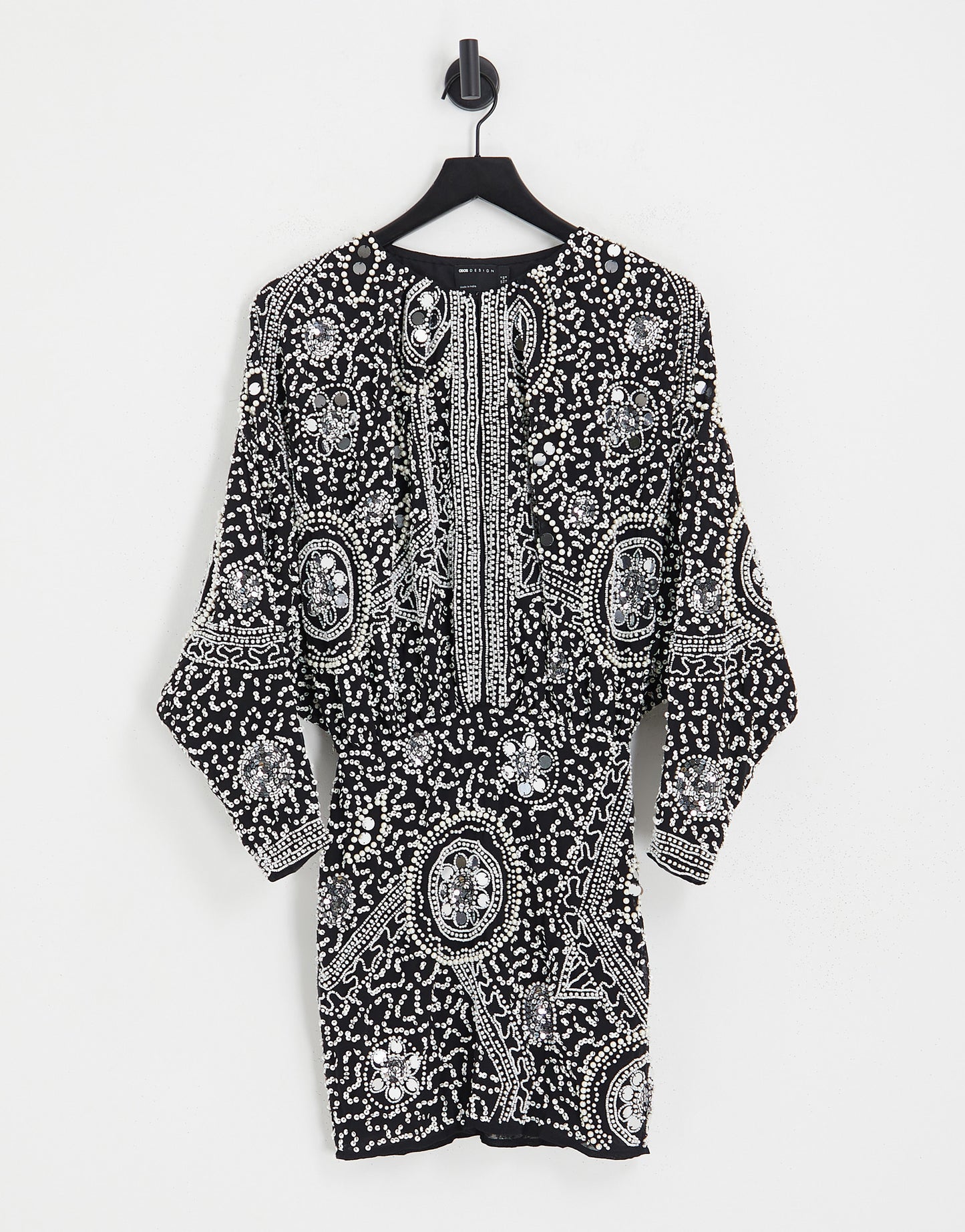 ASOS DESIGN embellished abstract batwing sleeve mini dress in black and white beading