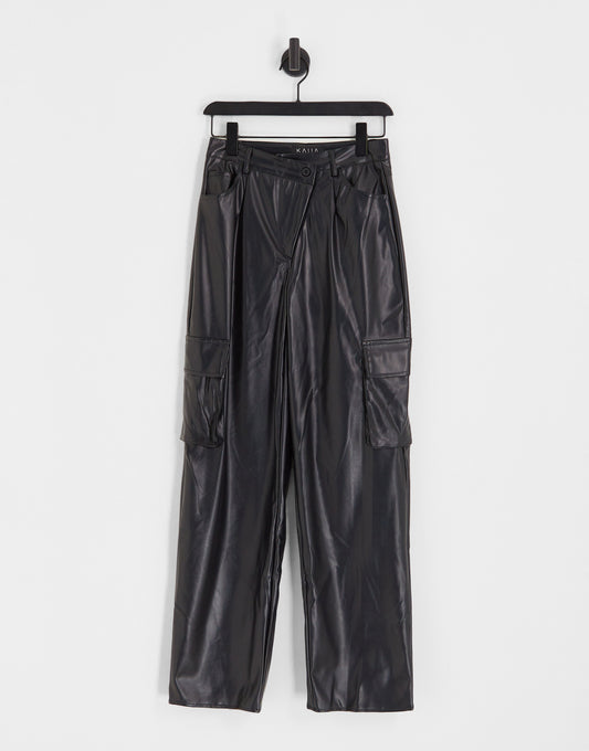 Kaiia leather look cargo trouser with asymmetric waistband in black