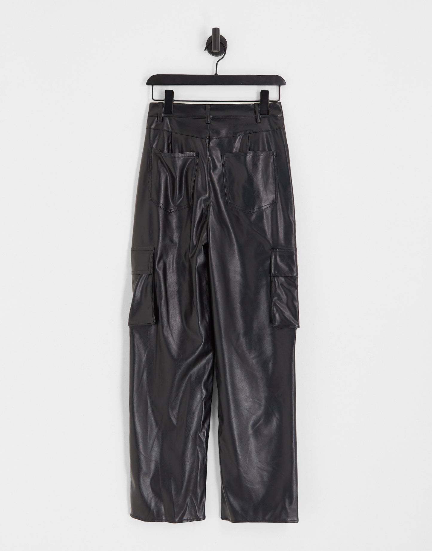 Kaiia leather look cargo trouser with asymmetric waistband in black