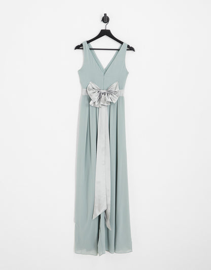 TFNC Bridesmaid bow back maxi dress in sage green