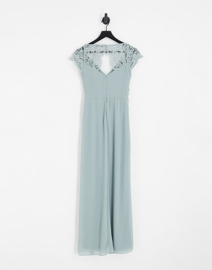 TFNC Bridesmaid lace back maxi dress in sage green